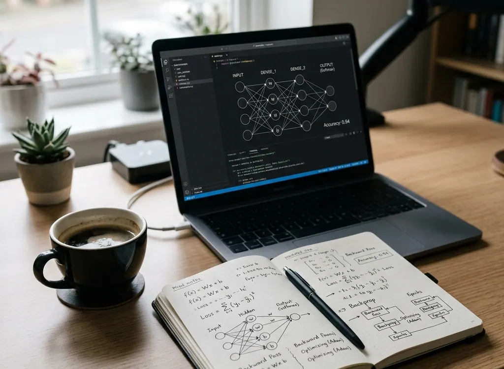 Clean AI workflow planning desk with technical notes and matte hardware