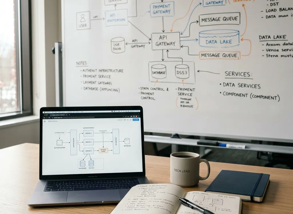 Technical architecture planning materials arranged on a calm review desk