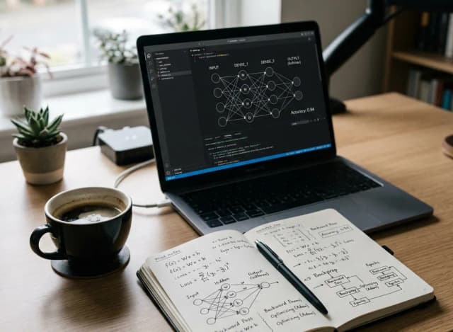 Clean AI workflow planning desk with technical notes and matte hardware