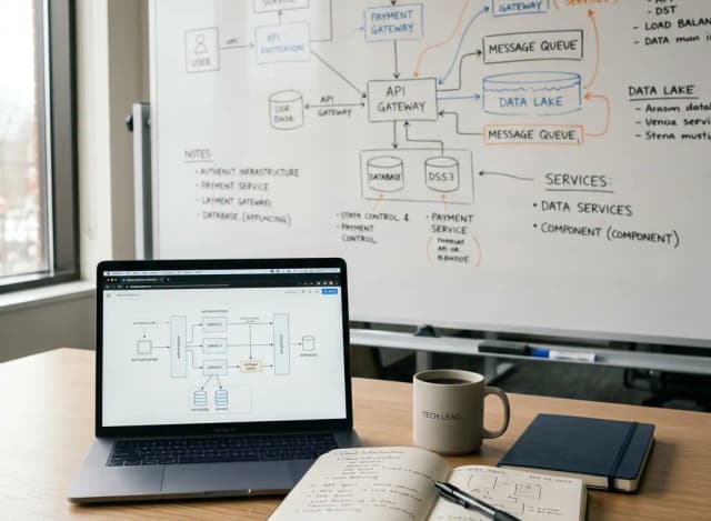 Technical architecture planning materials arranged on a calm review desk